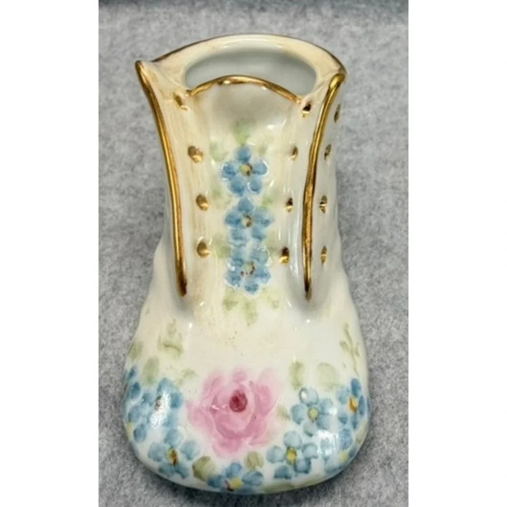 Vintage Hand Painted Porcelain Baby Shoe Figurine Floral Gold Gilt Signed 1972
